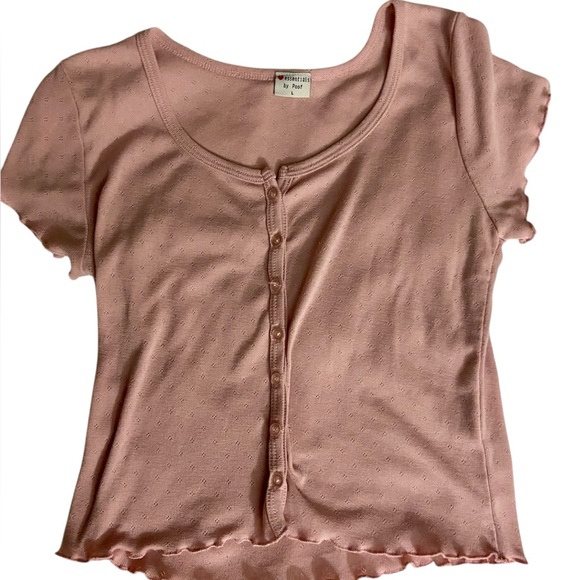 Essentials Tops - Essentials by Poof Pink Fitted Ruffled Button Down Shirt